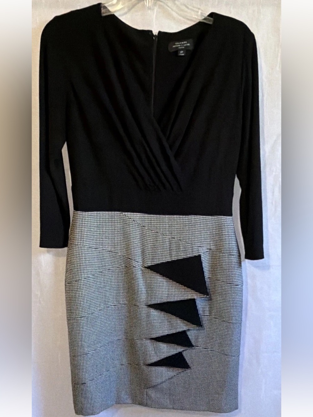 Black Long-Sleeve Faux-Wrap Dress with Houndstooth Skirt